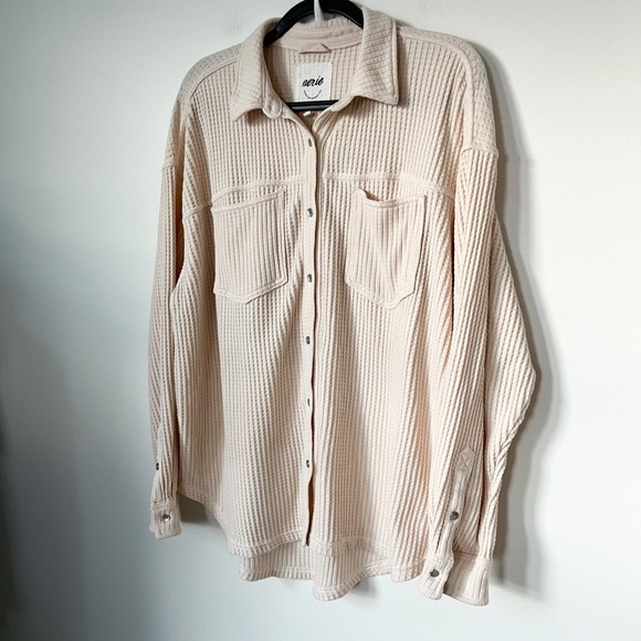 Aerie Anytime Fave Waffle Oversized Button Shirt Womens Medium Cake Batter Cream - Picture 4 of 14